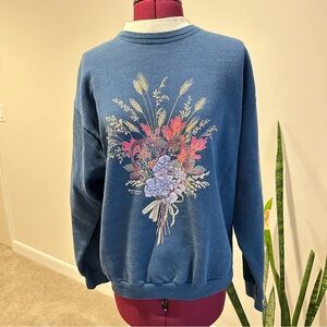 Vintage 90s Morning sun grandma Floral Graphic Blue Sweatshirt medium petite